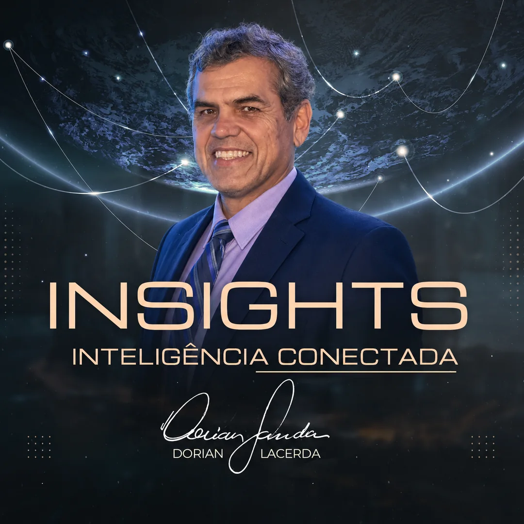 Cover art for the Insights — Inteligência Conectada newsletter: a portrait of Dorian Lacerda over a glowing network background, with his signature